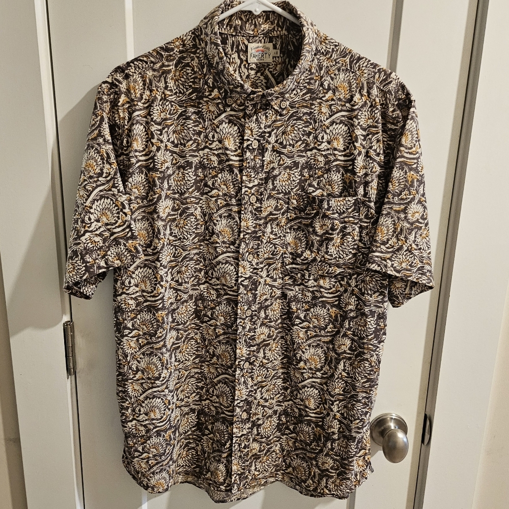 Faherty Breeze Button-Down Hemp Camp Shirt Brown & Yellow Floral - Size Large